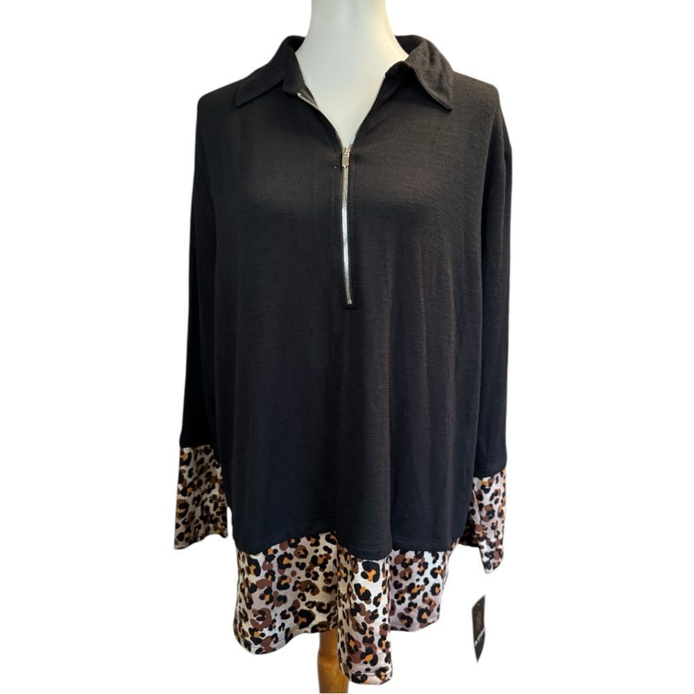 I.N. Studio Black Long Sleeve 3/4 Zip Lightweight Sweater Faux Print Layer
